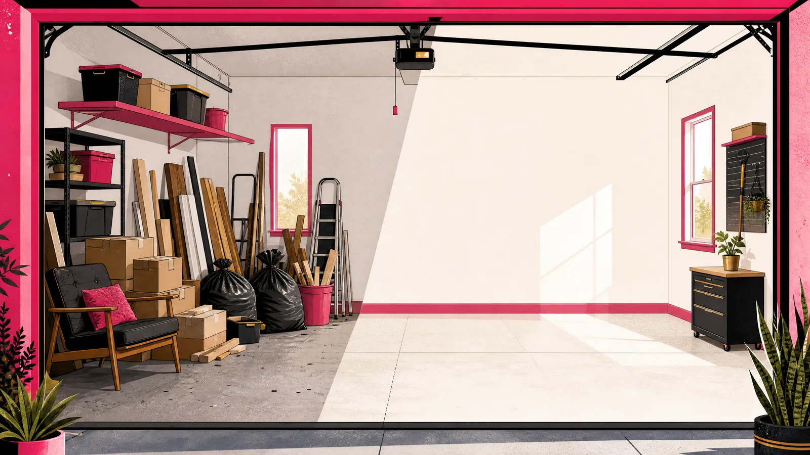 Illustrated garage transforming from a manageable project pile into a clean open space